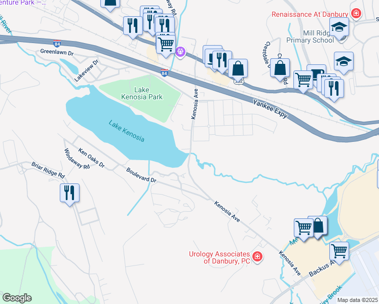 map of restaurants, bars, coffee shops, grocery stores, and more near 7 Kenosia Avenue in Danbury