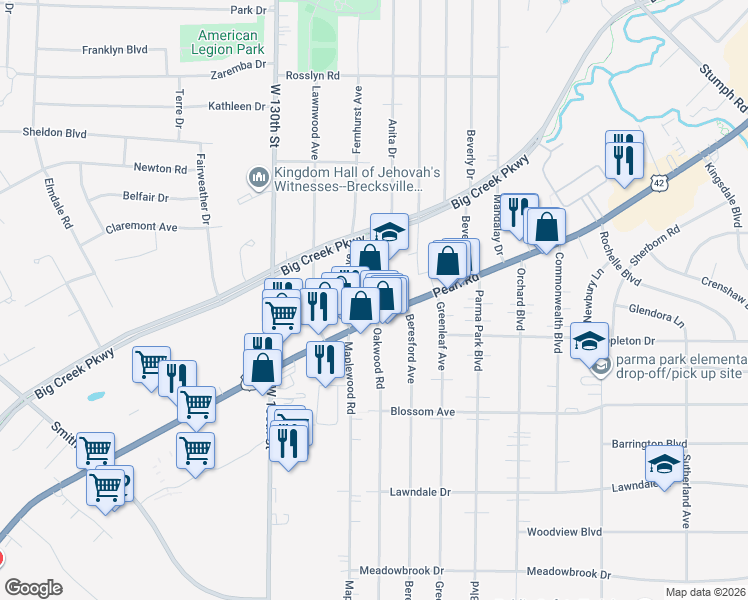 map of restaurants, bars, coffee shops, grocery stores, and more near 6620 Pearl Road in Parma Heights