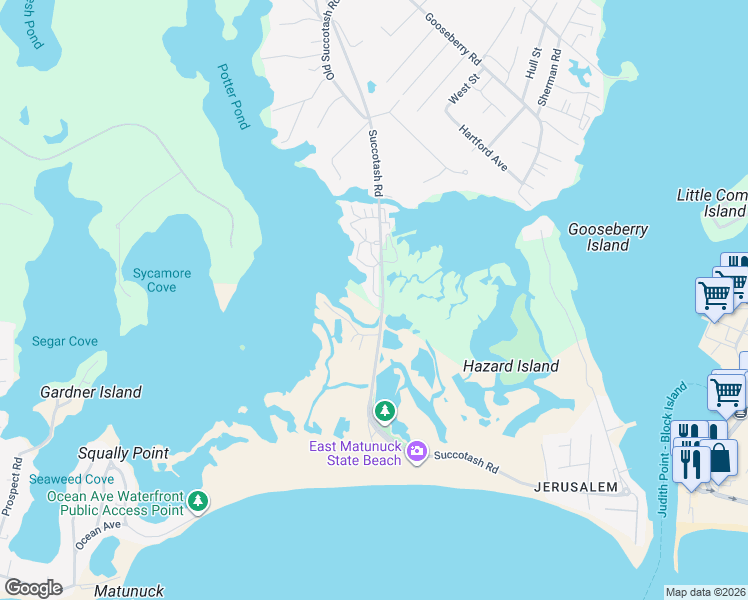 map of restaurants, bars, coffee shops, grocery stores, and more near 725B Succotash Road in South Kingstown