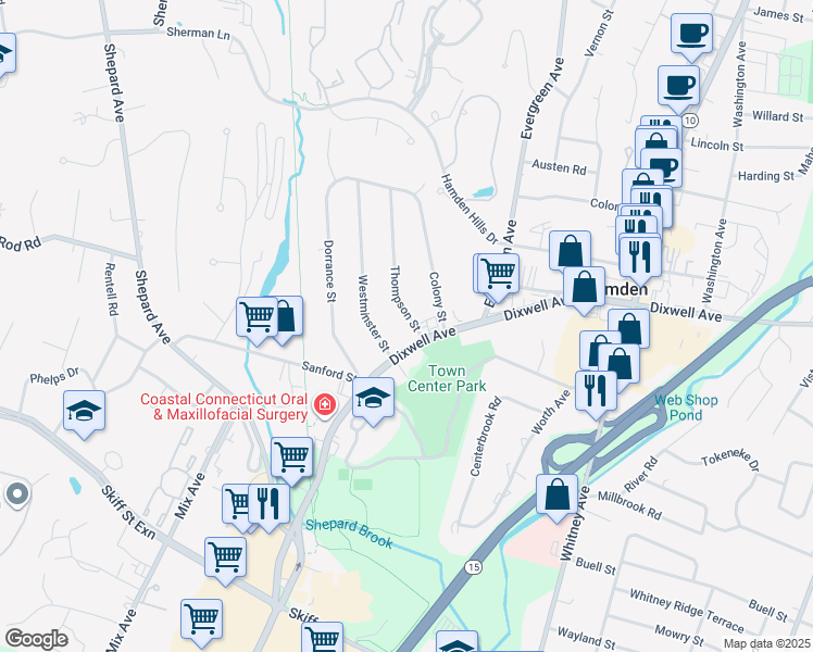 map of restaurants, bars, coffee shops, grocery stores, and more near 33 Thompson Street in Hamden