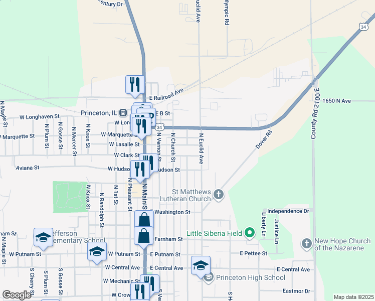 map of restaurants, bars, coffee shops, grocery stores, and more near 220 East Lasalle Street in Princeton