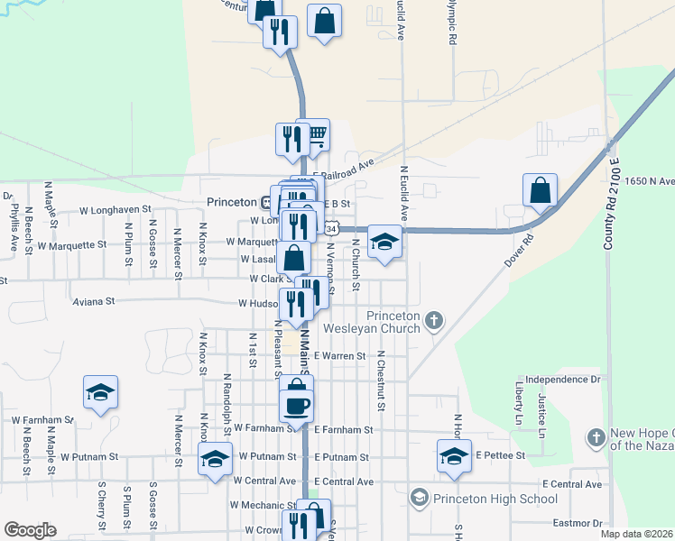 map of restaurants, bars, coffee shops, grocery stores, and more near 912 North Church Street in Princeton