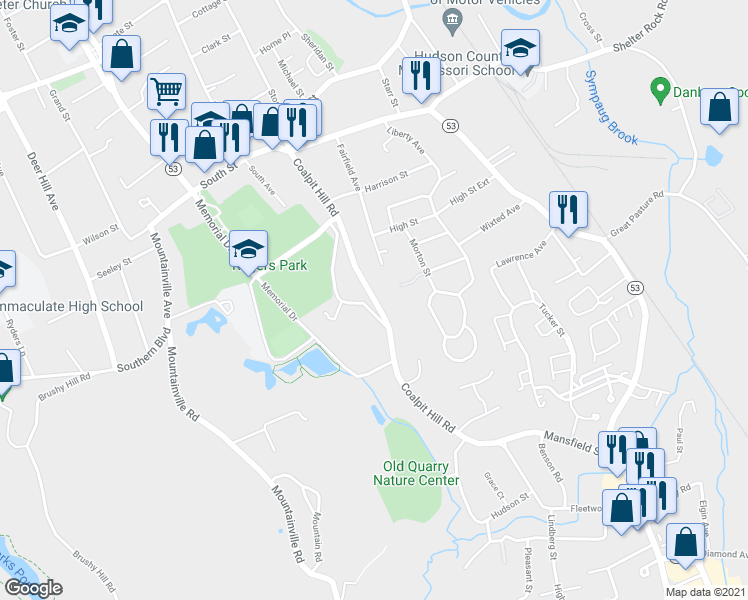 map of restaurants, bars, coffee shops, grocery stores, and more near 68 Coalpit Hill Road in Danbury