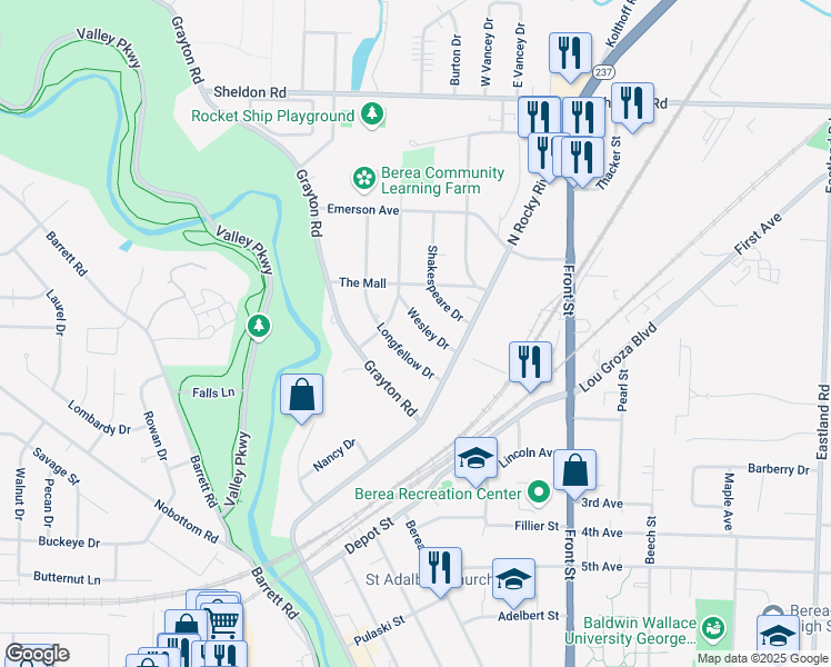 map of restaurants, bars, coffee shops, grocery stores, and more near 675 Wesley Drive in Berea