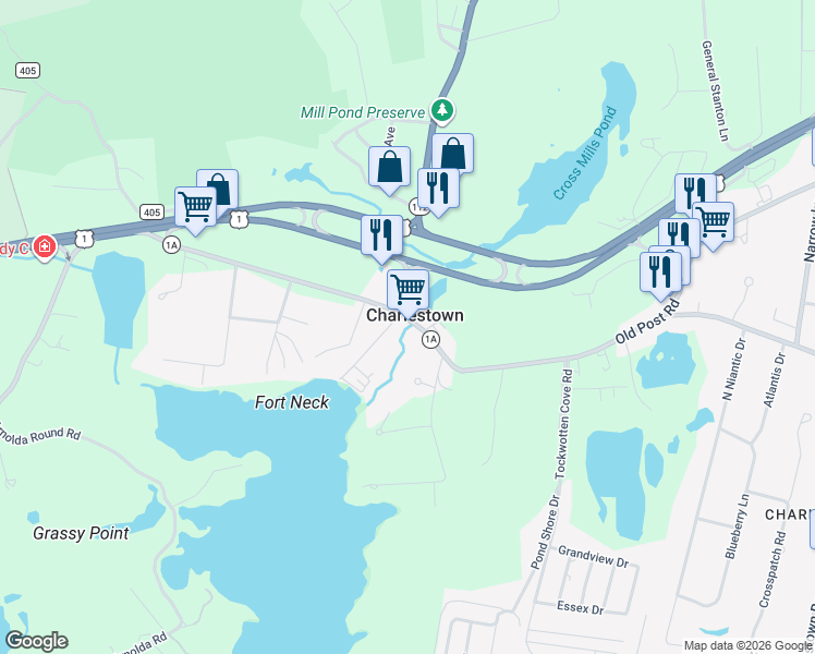 map of restaurants, bars, coffee shops, grocery stores, and more near 4436 Old Post Road in Charlestown