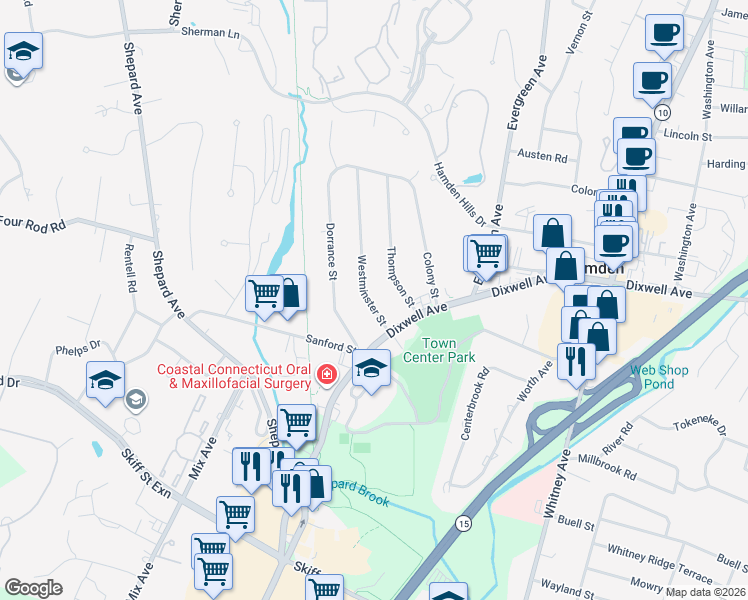 map of restaurants, bars, coffee shops, grocery stores, and more near 61 Westminster Street in Hamden
