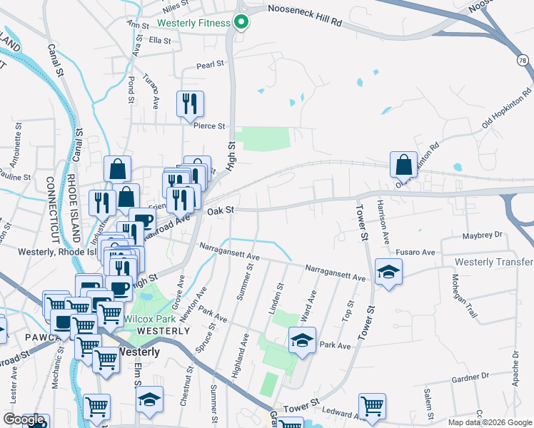 map of restaurants, bars, coffee shops, grocery stores, and more near 34 Oak Street in Westerly