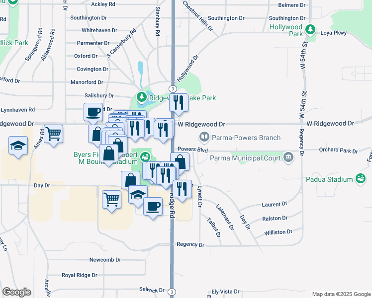 map of restaurants, bars, coffee shops, grocery stores, and more near 6500 Powers Boulevard in Parma