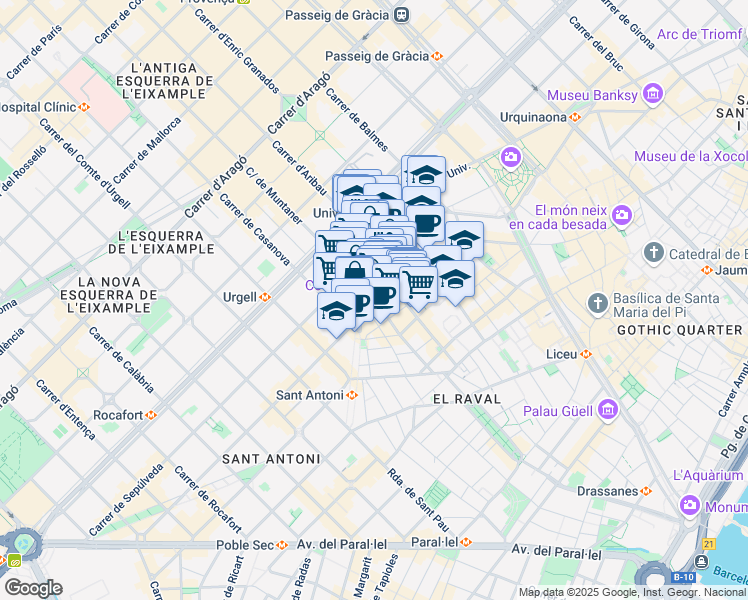 map of restaurants, bars, coffee shops, grocery stores, and more near 60 Carrer de Valldonzella in Barcelona