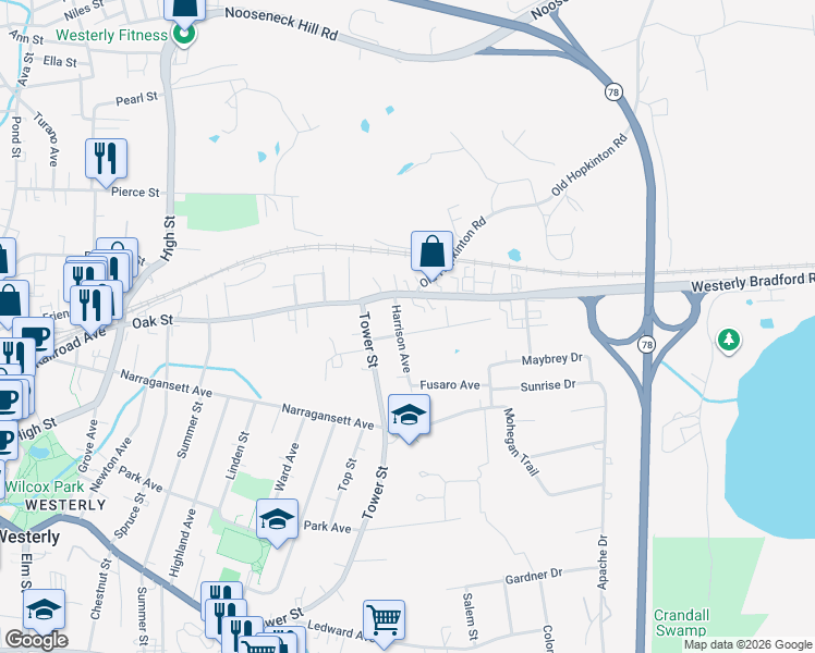 map of restaurants, bars, coffee shops, grocery stores, and more near 99 Oak Street in Westerly
