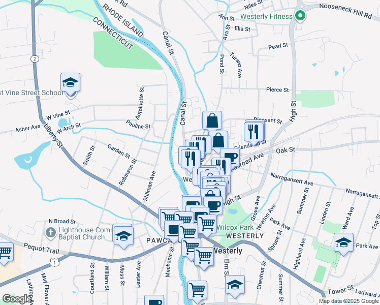 map of restaurants, bars, coffee shops, grocery stores, and more near 45 Canal Street in Westerly