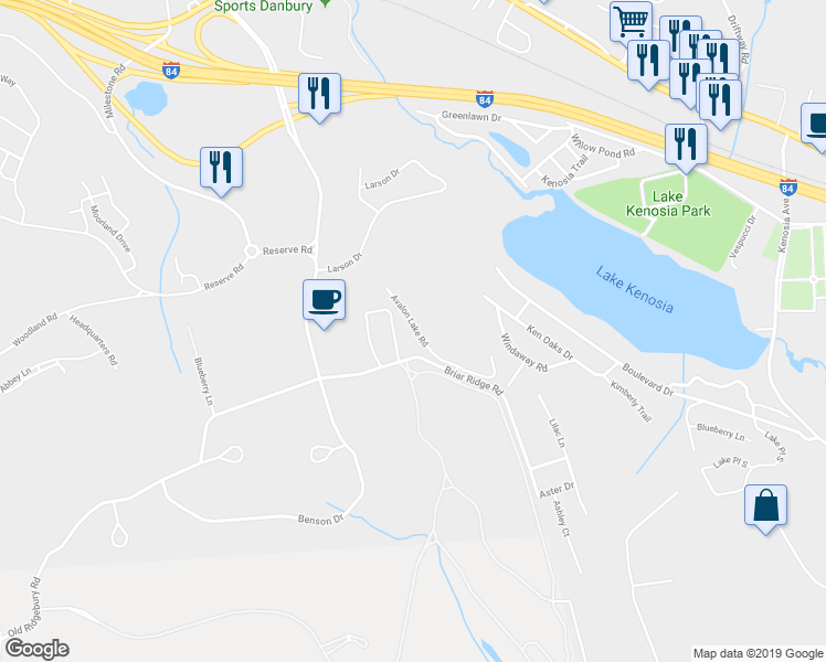 map of restaurants, bars, coffee shops, grocery stores, and more near 122 Avalon Lake Road in Danbury