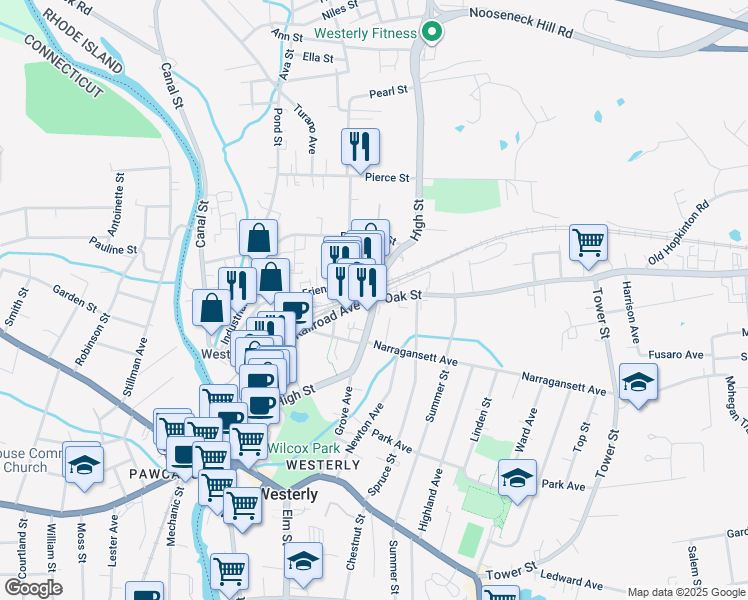 map of restaurants, bars, coffee shops, grocery stores, and more near Rhode Island 3 & Oak Street in Westerly