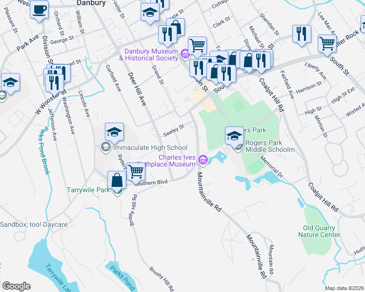 map of restaurants, bars, coffee shops, grocery stores, and more near 26B Mountainville Avenue in Danbury