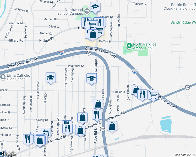 map of restaurants, bars, coffee shops, grocery stores, and more near 365 Abbe Road North in Elyria
