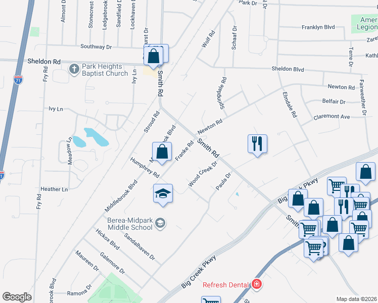 map of restaurants, bars, coffee shops, grocery stores, and more near 6780 Franke Road in Middleburg Heights