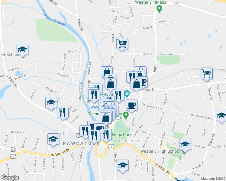 map of restaurants, bars, coffee shops, grocery stores, and more near 36 Friendship Street in Westerly