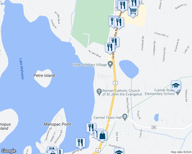 map of restaurants, bars, coffee shops, grocery stores, and more near 245 East Lake Boulevard in Mahopac