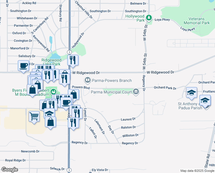 map of restaurants, bars, coffee shops, grocery stores, and more near 6500 Powers Boulevard in Parma