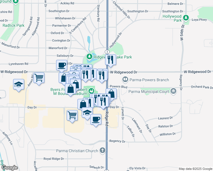map of restaurants, bars, coffee shops, grocery stores, and more near 7441 West Ridgewood Drive in Parma