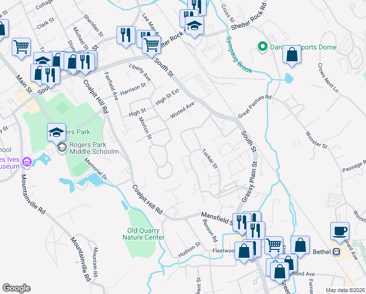 map of restaurants, bars, coffee shops, grocery stores, and more near 53 Lawrence Avenue in Danbury