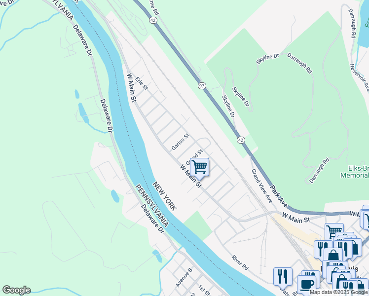 map of restaurants, bars, coffee shops, grocery stores, and more near 15 Gariss Street in Port Jervis