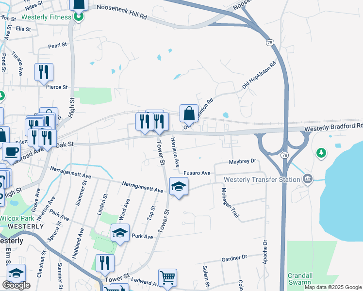 map of restaurants, bars, coffee shops, grocery stores, and more near 99 Oak Street in Westerly