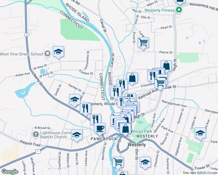 map of restaurants, bars, coffee shops, grocery stores, and more near 55 Stillman Avenue in Stonington