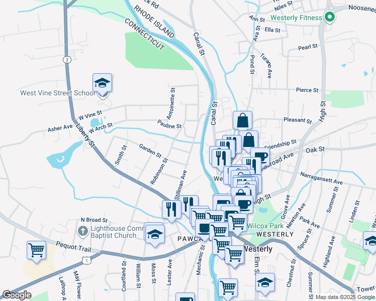 map of restaurants, bars, coffee shops, grocery stores, and more near 13 Brinden Avenue in Stonington