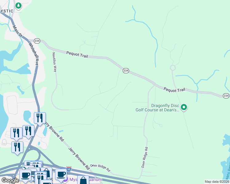 map of restaurants, bars, coffee shops, grocery stores, and more near 1279 Pequot Trail in Stonington