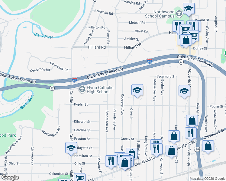map of restaurants, bars, coffee shops, grocery stores, and more near 355 Brandtson Avenue in Elyria