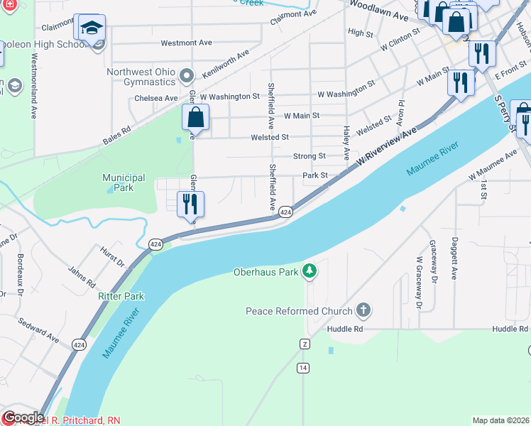 map of restaurants, bars, coffee shops, grocery stores, and more near 122 Sheffield Avenue in Napoleon