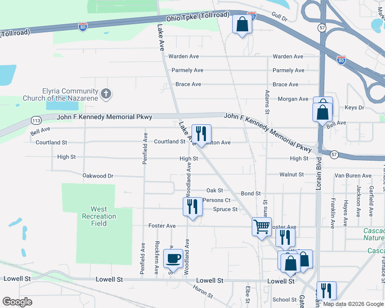 map of restaurants, bars, coffee shops, grocery stores, and more near 820 Woodland Avenue in Elyria