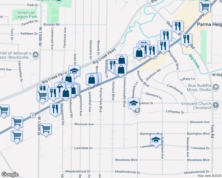 map of restaurants, bars, coffee shops, grocery stores, and more near 6537 Pearl Road in Parma Heights