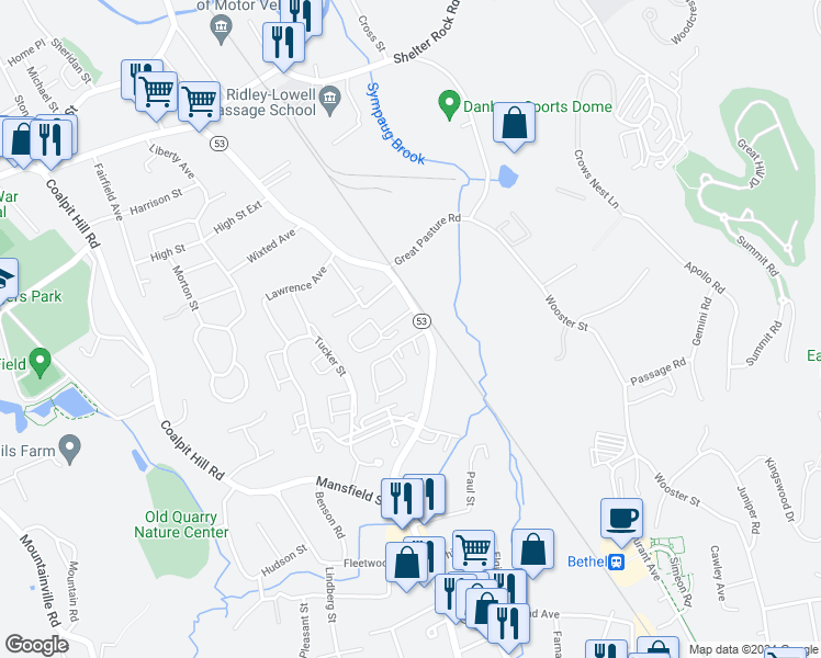 map of restaurants, bars, coffee shops, grocery stores, and more near 12 South Street in Danbury