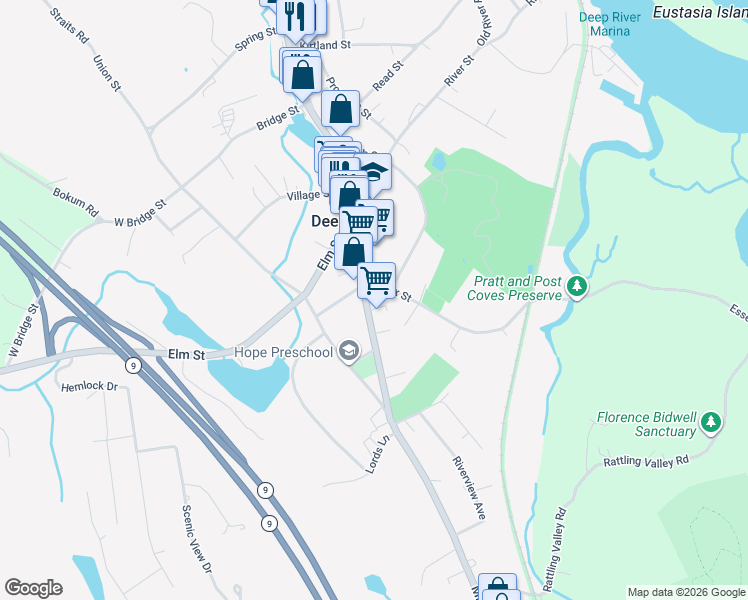 map of restaurants, bars, coffee shops, grocery stores, and more near 202 Main Street in Deep River
