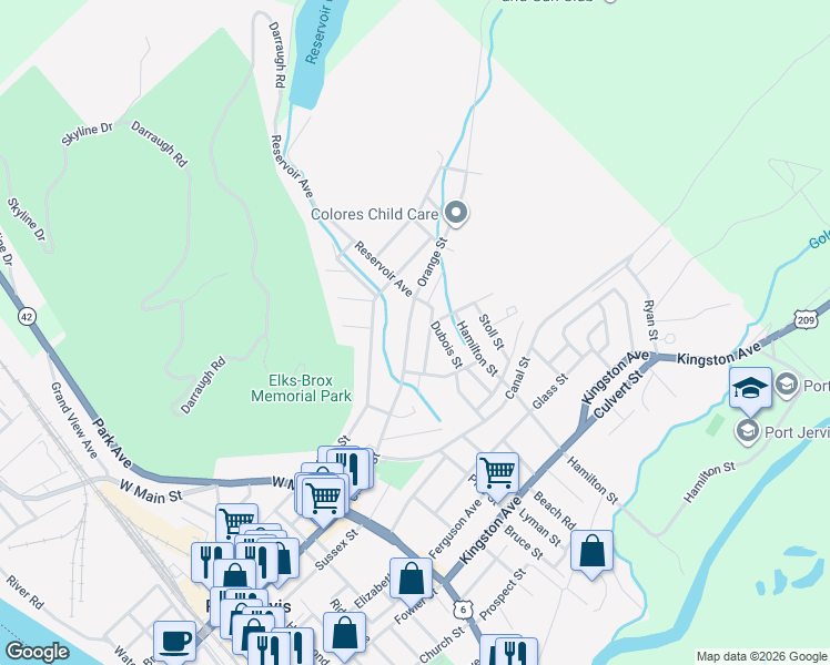map of restaurants, bars, coffee shops, grocery stores, and more near 87 Orange Street in Port Jervis