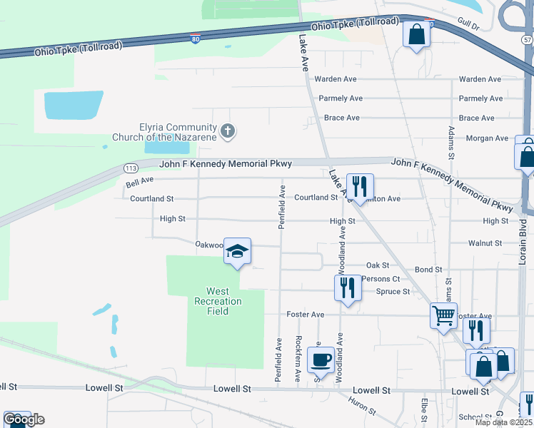 map of restaurants, bars, coffee shops, grocery stores, and more near 218 Courtland Street in Elyria