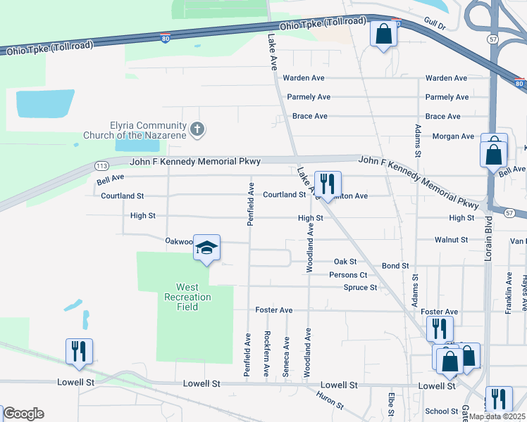 map of restaurants, bars, coffee shops, grocery stores, and more near 166 Courtland Street in Elyria