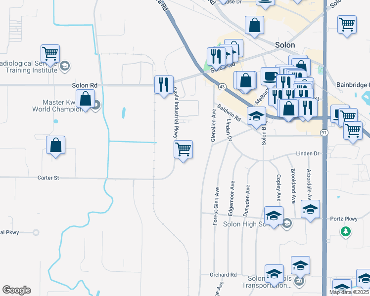 map of restaurants, bars, coffee shops, grocery stores, and more near in Solon