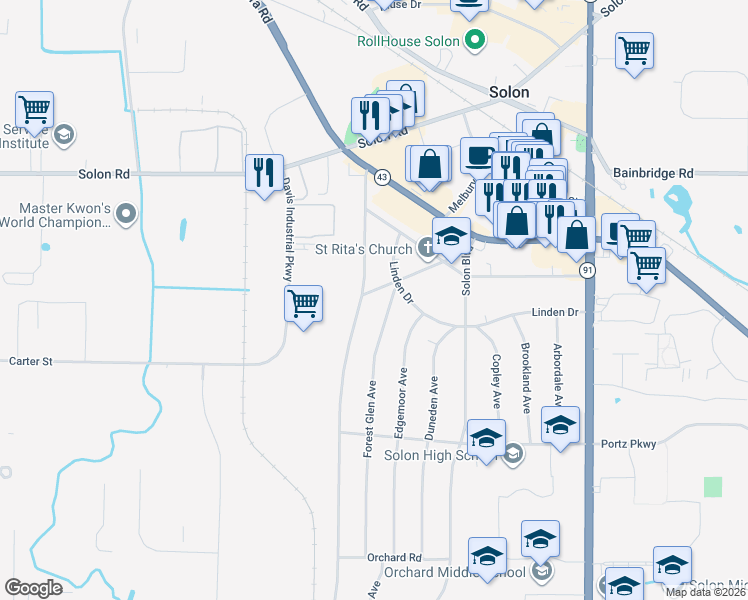 map of restaurants, bars, coffee shops, grocery stores, and more near 32741 Parkway Drive in Solon