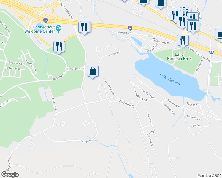 map of restaurants, bars, coffee shops, grocery stores, and more near 523 Avalon Lake Road in Danbury