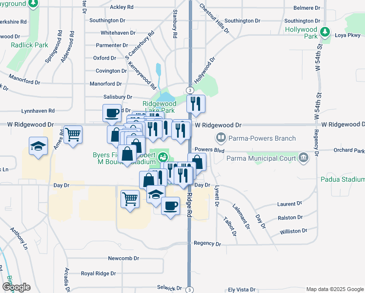 map of restaurants, bars, coffee shops, grocery stores, and more near 7441 West Ridgewood Drive in Cleveland