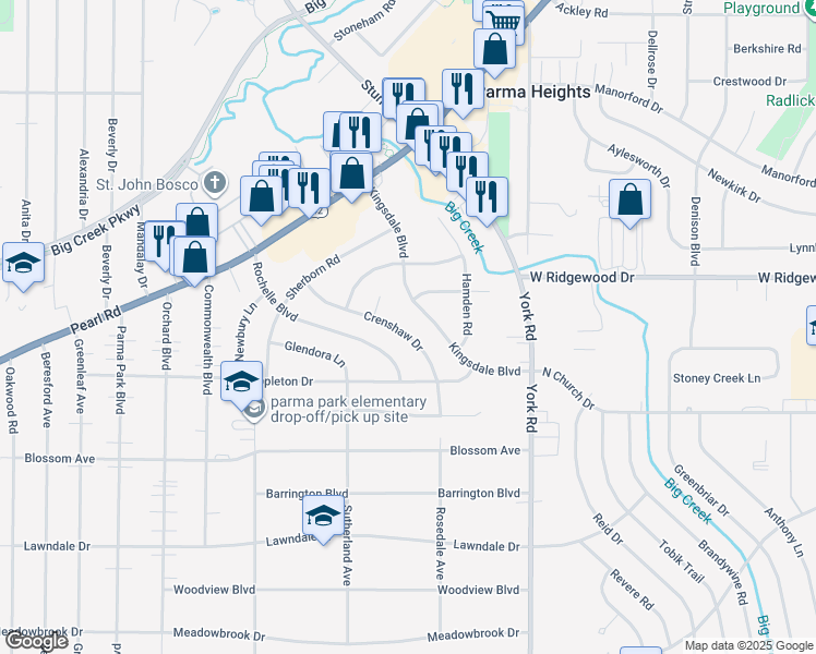 map of restaurants, bars, coffee shops, grocery stores, and more near 6671 Crenshaw Drive in Parma Heights