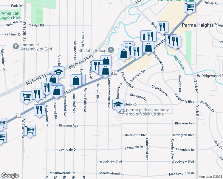 map of restaurants, bars, coffee shops, grocery stores, and more near 6632 Commonwealth Boulevard in Parma Heights