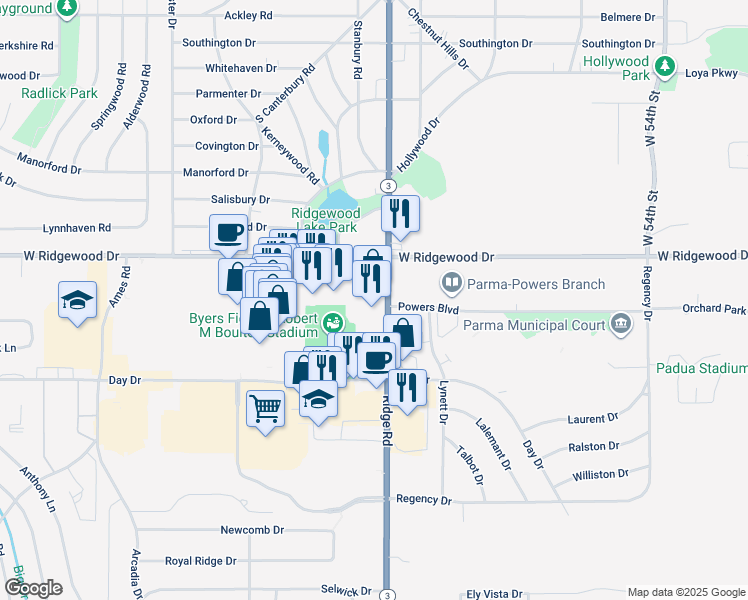 map of restaurants, bars, coffee shops, grocery stores, and more near 6660 Ridge Road in Parma