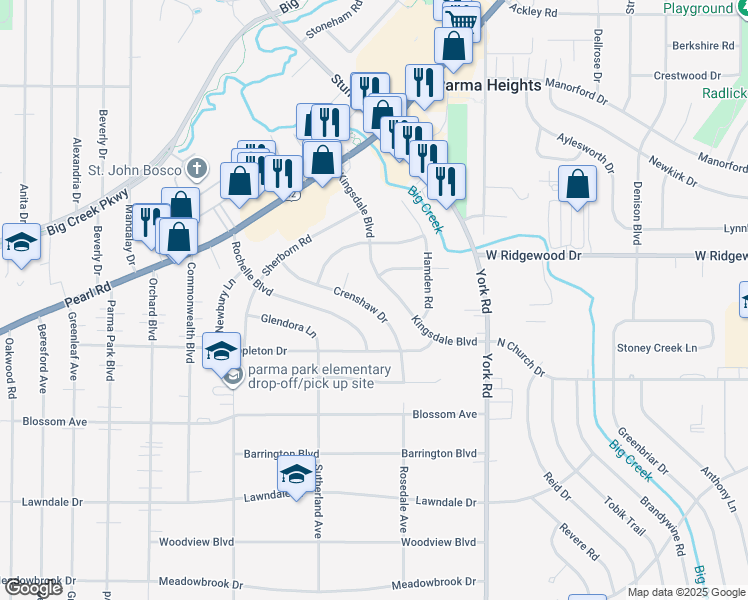 map of restaurants, bars, coffee shops, grocery stores, and more near 6671 Crenshaw Drive in Parma Heights