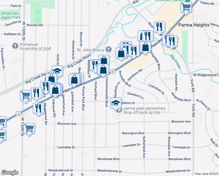 map of restaurants, bars, coffee shops, grocery stores, and more near 6632 Commonwealth Boulevard in Parma Heights