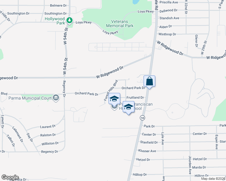 map of restaurants, bars, coffee shops, grocery stores, and more near 6656 Forest Hills Boulevard in Parma