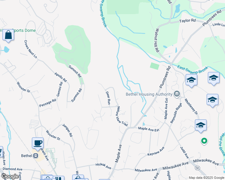 map of restaurants, bars, coffee shops, grocery stores, and more near 60 Nature View Trail in Bethel